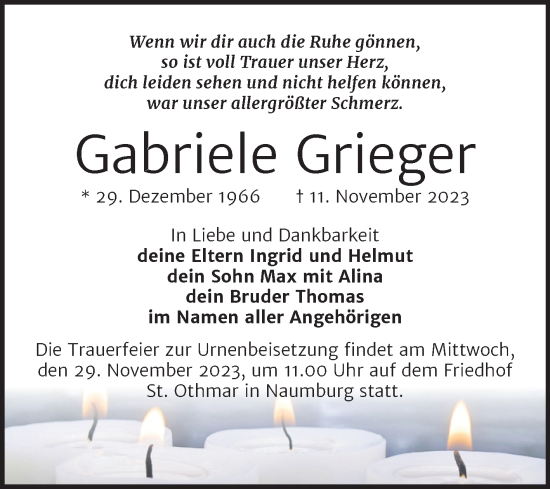 Traueranzeige von Gabriele Grieger von Wochenspiegel Naumburg/Nebra