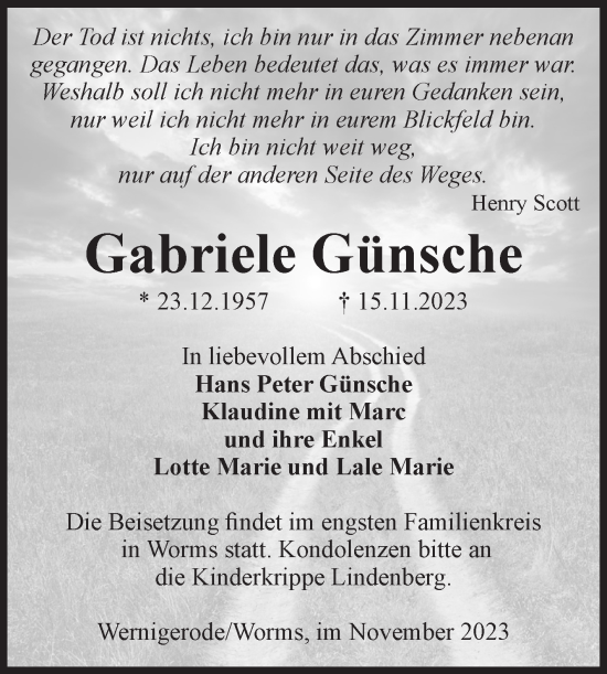 Traueranzeige von Gabriele Günsche von Volksstimme Wernigerode