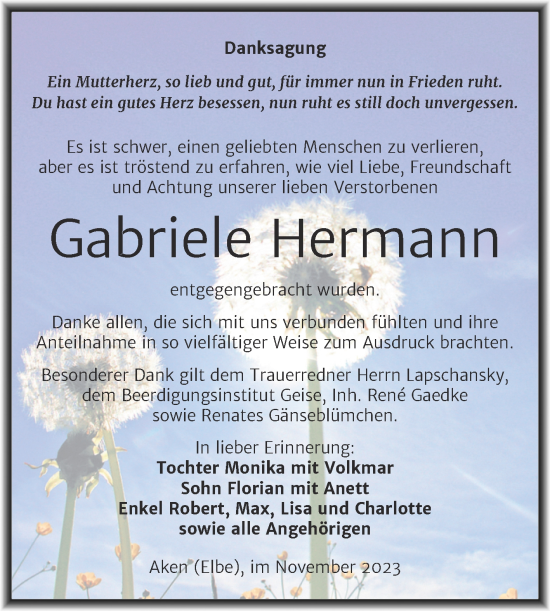 Traueranzeige von Gabriele Hermann von Trauerkombi Köthen