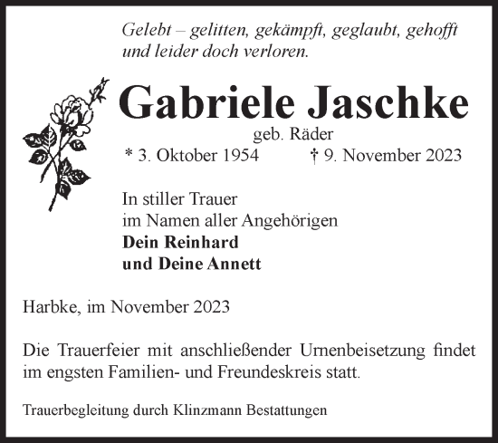 Traueranzeige von Gabriele Jaschke von Volksstimme Oschersleben/Wanzleben