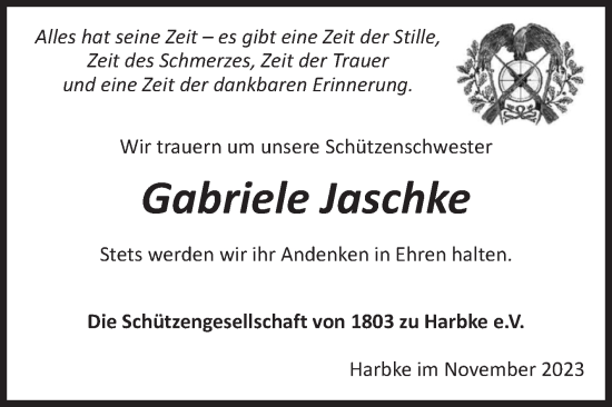 Traueranzeige von Gabriele Jaschke von Volksstimme Oschersleben/Wanzleben