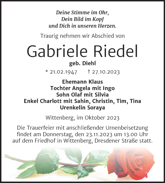 Traueranzeige von Gabriele Riedel von Trauerkombi Wittenberg