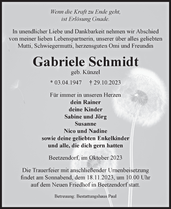 Traueranzeige von Gabriele Schmidt von Volksstimme Altmark West