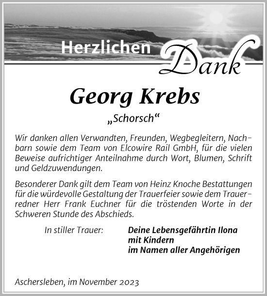Traueranzeige von Georg  Krebs von Trauerkombi Mansfelder Land
