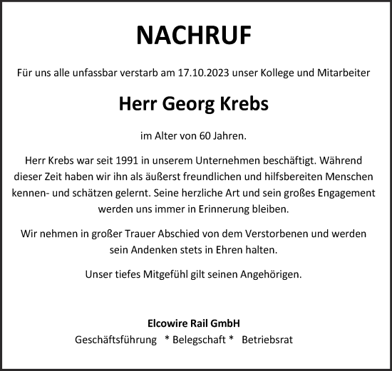 Traueranzeige von Georg  Krebs 