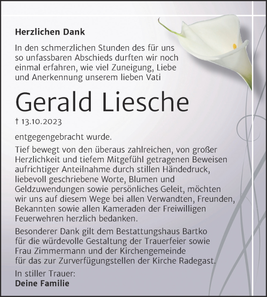 Traueranzeige von Gerald Liesche von Trauerkombi Köthen