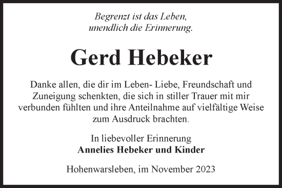 Traueranzeige von Gerd Hebeker von Volksstimme Haldensleben/Wolmirstedt