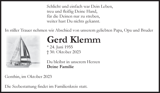 Traueranzeige von Gerd Klemm von Volksstimme Burg/Genthin