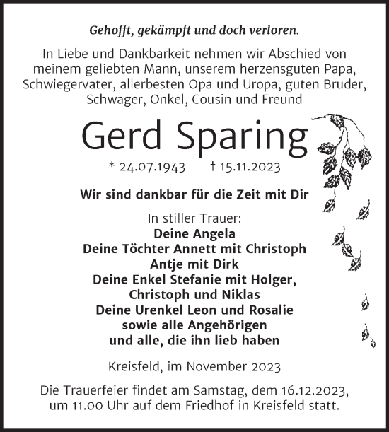 Traueranzeige von Gerd Sparing von Trauerkombi Mansfelder Land