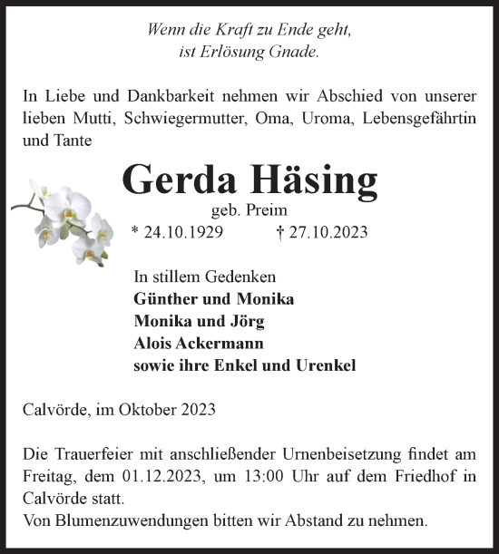 Traueranzeige von Gerda Häsing von Volksstimme Haldensleben/Wolmirstedt