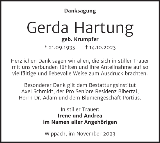 Traueranzeige von Gerda Hartung von Wochenspiegel Naumburg/Nebra