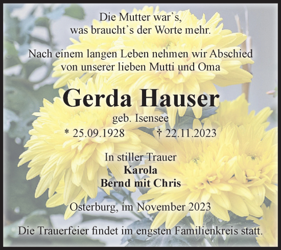 Traueranzeige von Gerda Hauser von Volksstimme Altmark Ost