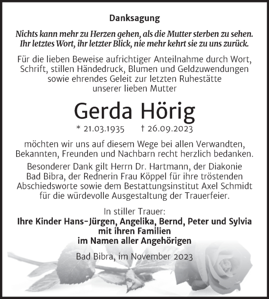 Traueranzeige von Gerda Hörig von Wochenspiegel Naumburg/Nebra