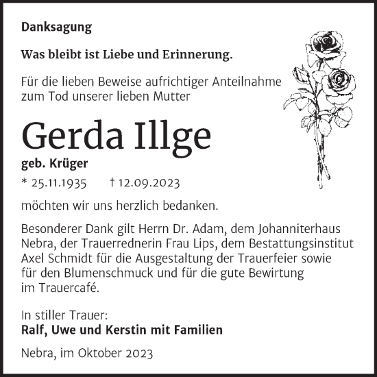 Traueranzeige von Gerda Illge von Wochenspiegel Naumburg/Nebra