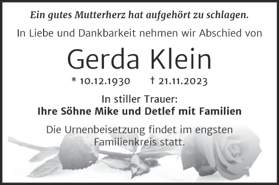 Traueranzeige von Gerda Klein von Trauerkombi Aschersleben
