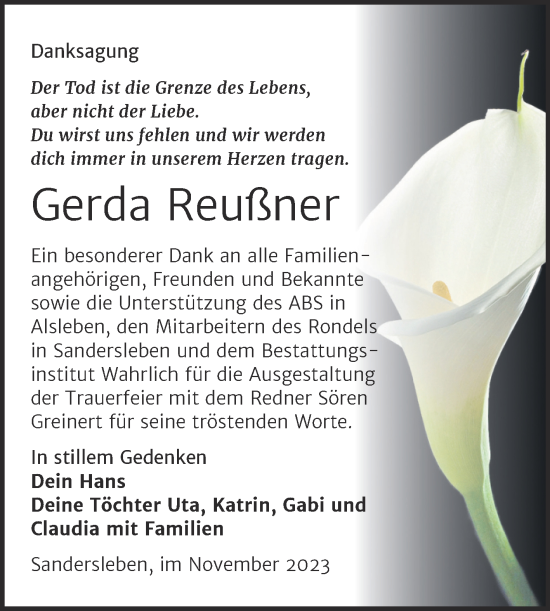 Traueranzeige von Gerda Reußner von Trauerkombi Mansfelder Land