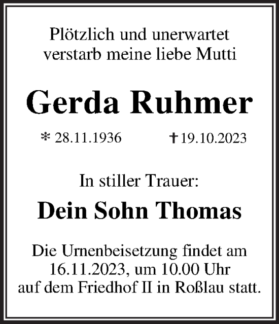 Traueranzeige von Gerda Ruhmer von Trauerkombi Dessau