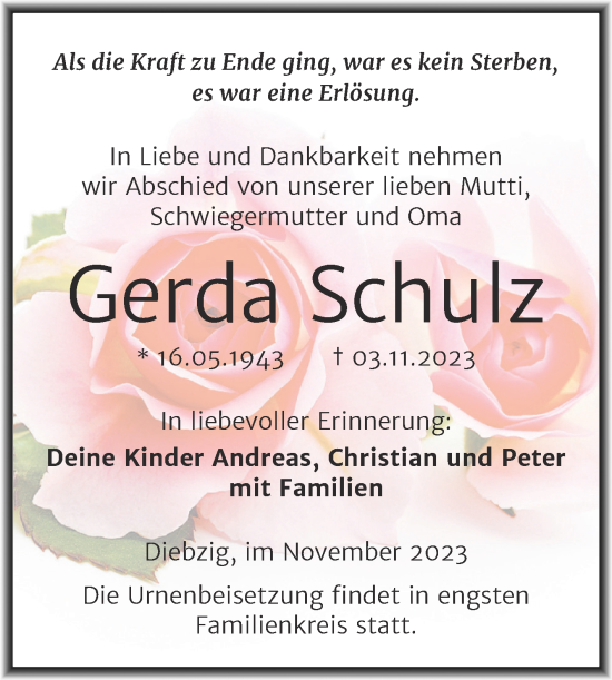 Traueranzeige von Gerda Schulz von Trauerkombi Köthen