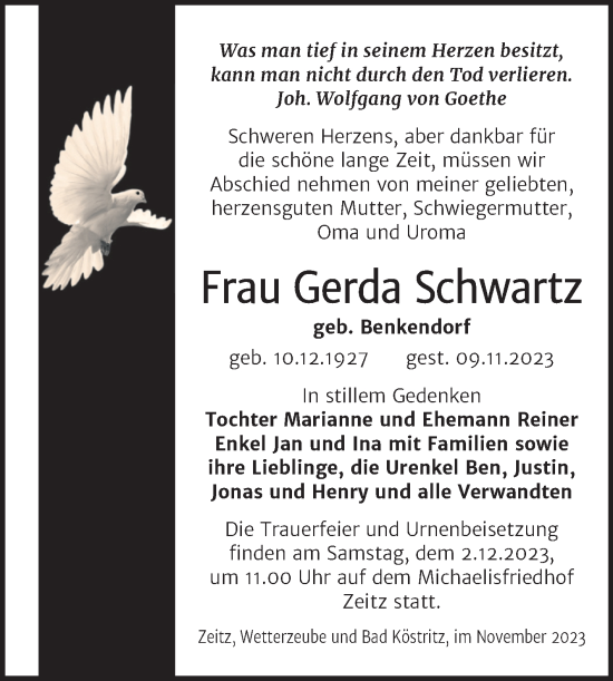 Traueranzeige von Gerda Schwartz von Trauerkombi Zeitz