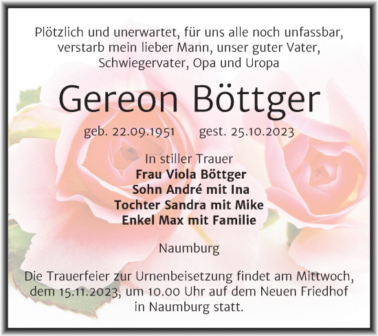 Traueranzeige von Gereon Böttger von Naumburger Tageblatt