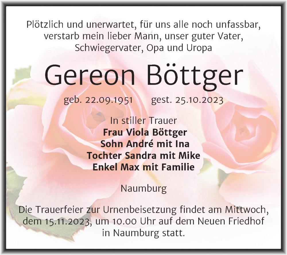  Traueranzeige für Gereon Böttger vom 01.11.2023 aus Naumburger Tageblatt