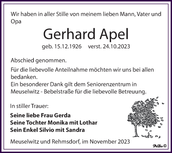Traueranzeige von Gerhard Apel von Trauerkombi Zeitz