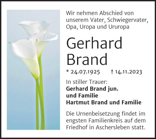 Traueranzeige von Gerhard Brand von Trauerkombi Quedlinburg
