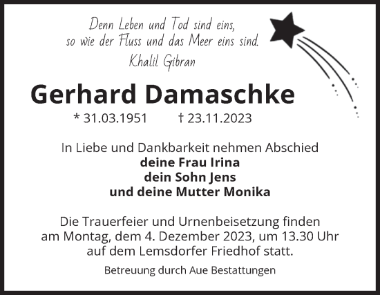 Traueranzeige von Gerhard Damaschke von Volksstimme Magdeburg