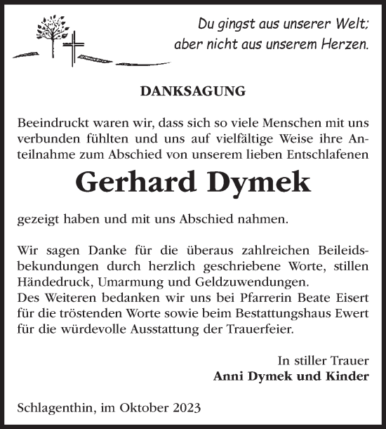 Traueranzeige von Gerhard Dymek von Volksstimme Burg/Genthin