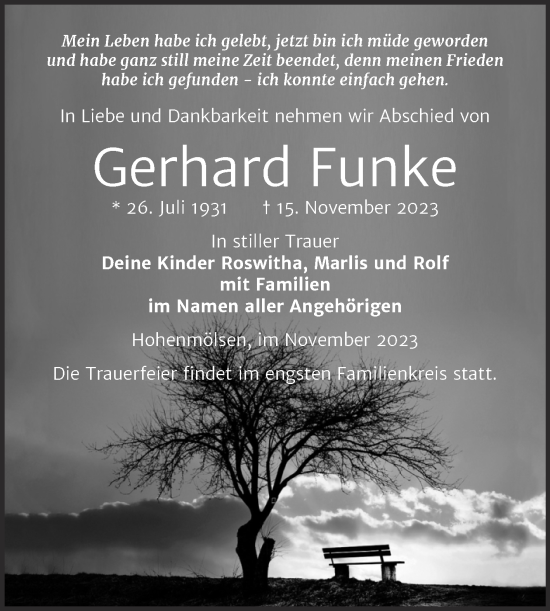 Traueranzeige von Gerhard Funke von Trauerkombi Weißenfels