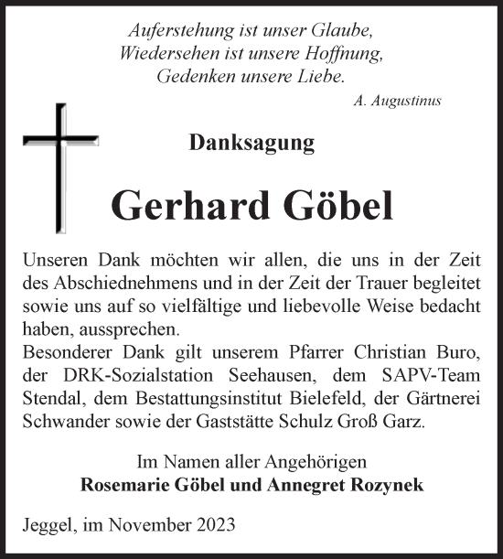 Traueranzeige von Gerhard Göbel von Volksstimme Altmark Ost