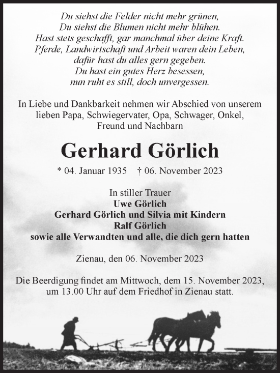 Traueranzeige von Gerhard Görlich von Volksstimme Altmark West