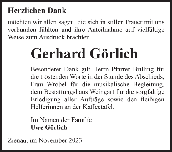 Traueranzeige von Gerhard Görlich von Volksstimme Altmark West
