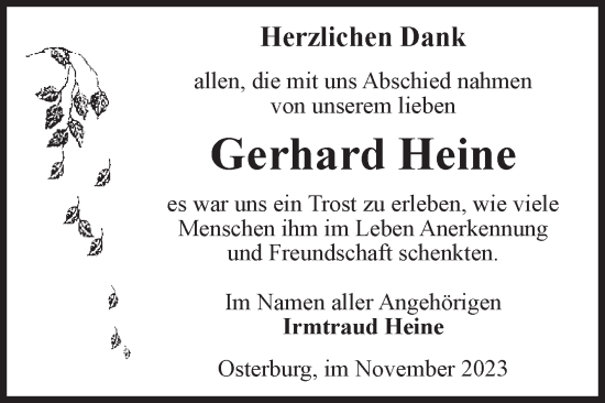 Traueranzeige von Gerhard Heine von Volksstimme Altmark Ost