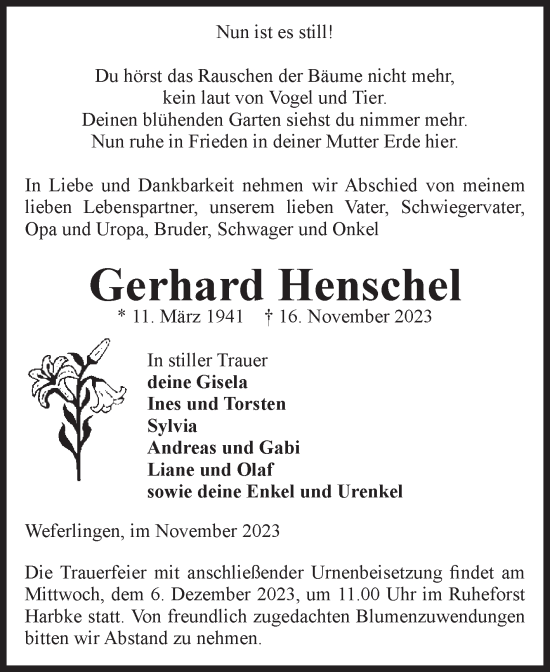 Traueranzeige von Gerhard Henschel von Volksstimme Haldensleben/Wolmirstedt