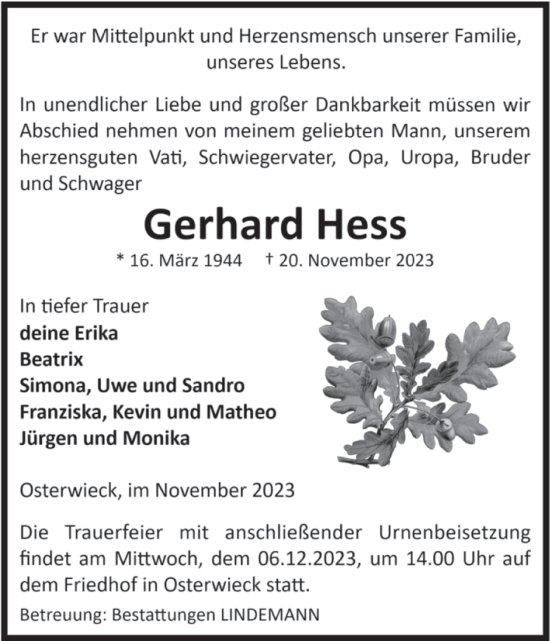 Traueranzeige von Gerhard Hess von Volksstimme Halberstadt