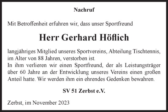 Traueranzeige von Gerhard Höflich von Volksstimme Zerbst