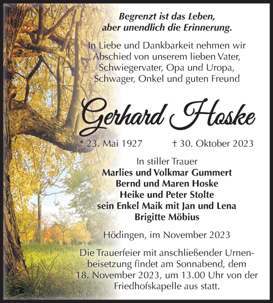Traueranzeige von Gerhard Hoske von Volksstimme Haldensleben/Wolmirstedt