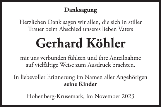 Traueranzeige von Gerhard Köhler von Volksstimme Altmark Ost