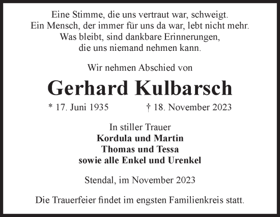 Traueranzeige von Gerhard Kulbarsch von Volksstimme Altmark Ost