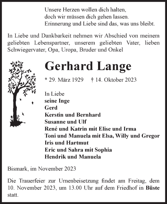 Traueranzeige von Gerhard Lange von Volksstimme Altmark Ost