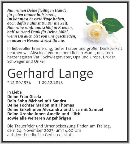 Traueranzeige von Gerhard Lange von Trauerkombi Mansfelder Land