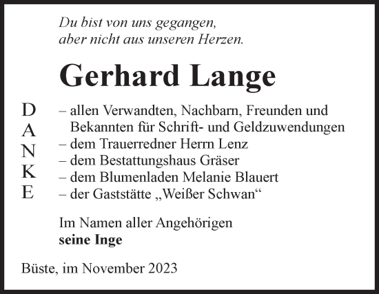 Traueranzeige von Gerhard Lange von Volksstimme Altmark Ost