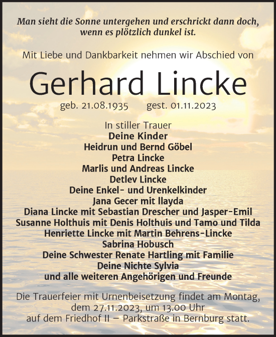 Traueranzeige von Gerhard Lincke von Trauerkombi Bernburg