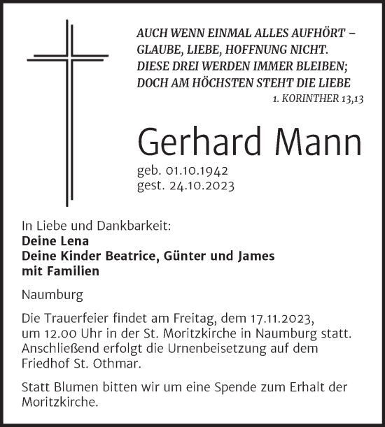 Traueranzeige von Gerhard Mann von Naumburger Tageblatt