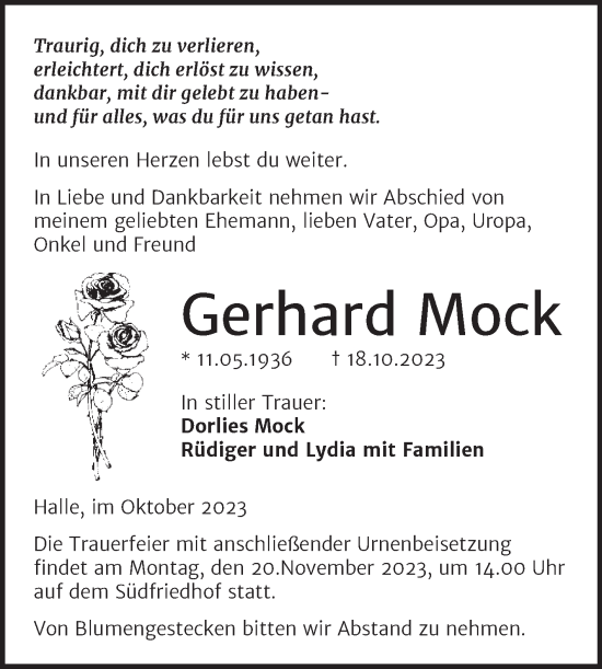 Traueranzeige von Gerhard Mock von Mitteldeutsche Zeitung Halle/Saalkreis