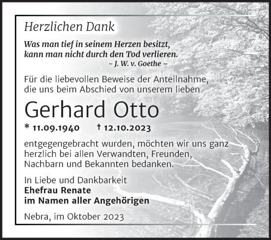 Traueranzeige von Gerhard Otto von Wochenspiegel Naumburg/Nebra
