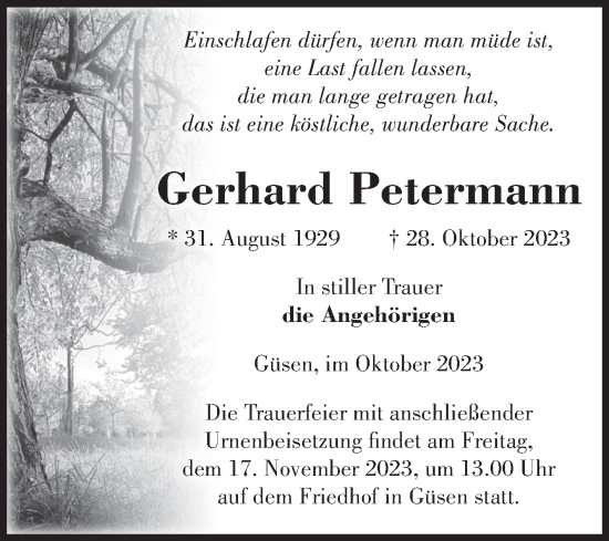 Traueranzeige von Gerhard Petermann von Volksstimme Burg/Genthin