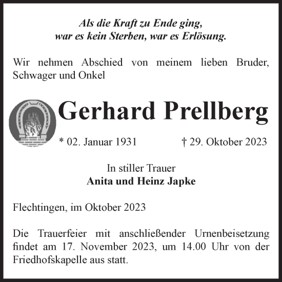 Traueranzeige von Gerhard Prellberg von Volksstimme Haldensleben/Wolmirstedt