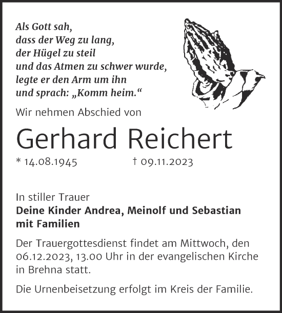 Traueranzeige von Gerhard Reichert von Trauerkombi Bitterfeld